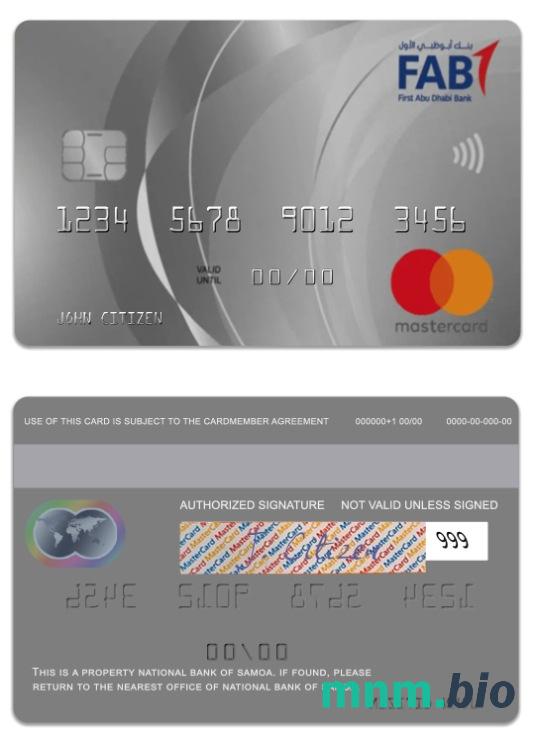 Saudi Arabi Fisrt Abu Dabi Bank platyna świat credit przykład karty mastercard w formacie PSD